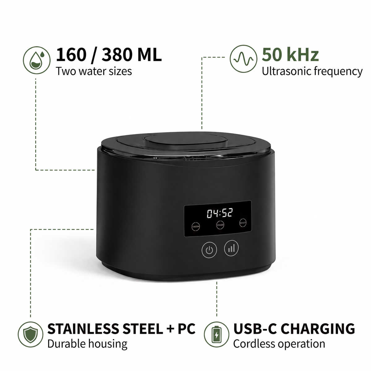 Specs 160 380 ml 50 kHz stainless steel PC USB-C charging