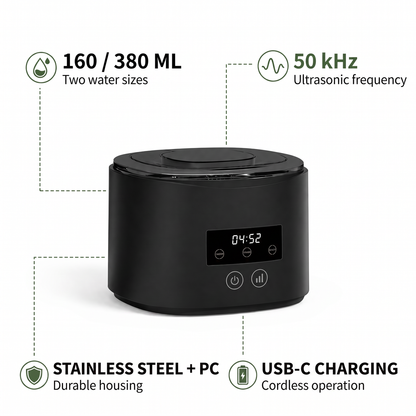 Specs 160 380 ml 50 kHz stainless steel PC USB-C charging
