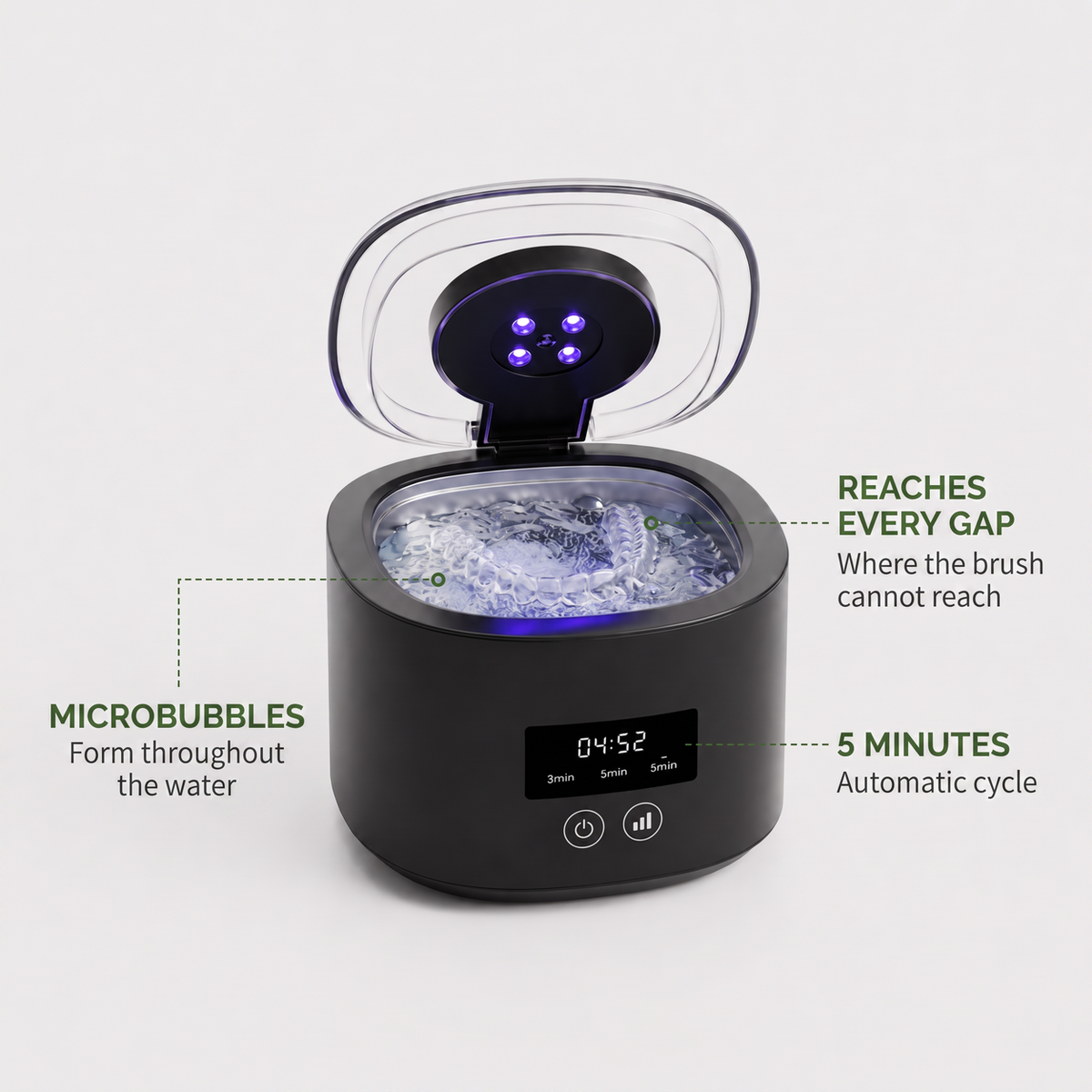 Ultrasonic cleaner callouts reaches every gap microbubbles 5 minutes