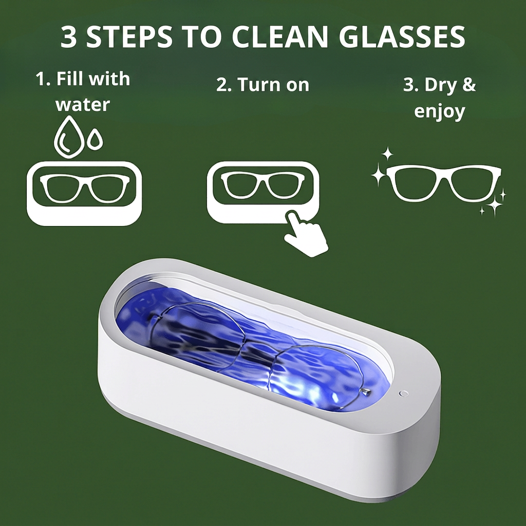 3 steps to clean glasses: fill with water, turn on, dry and enjoy