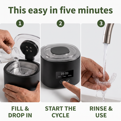 Three step how to fill and drop in start the cycle rinse and use