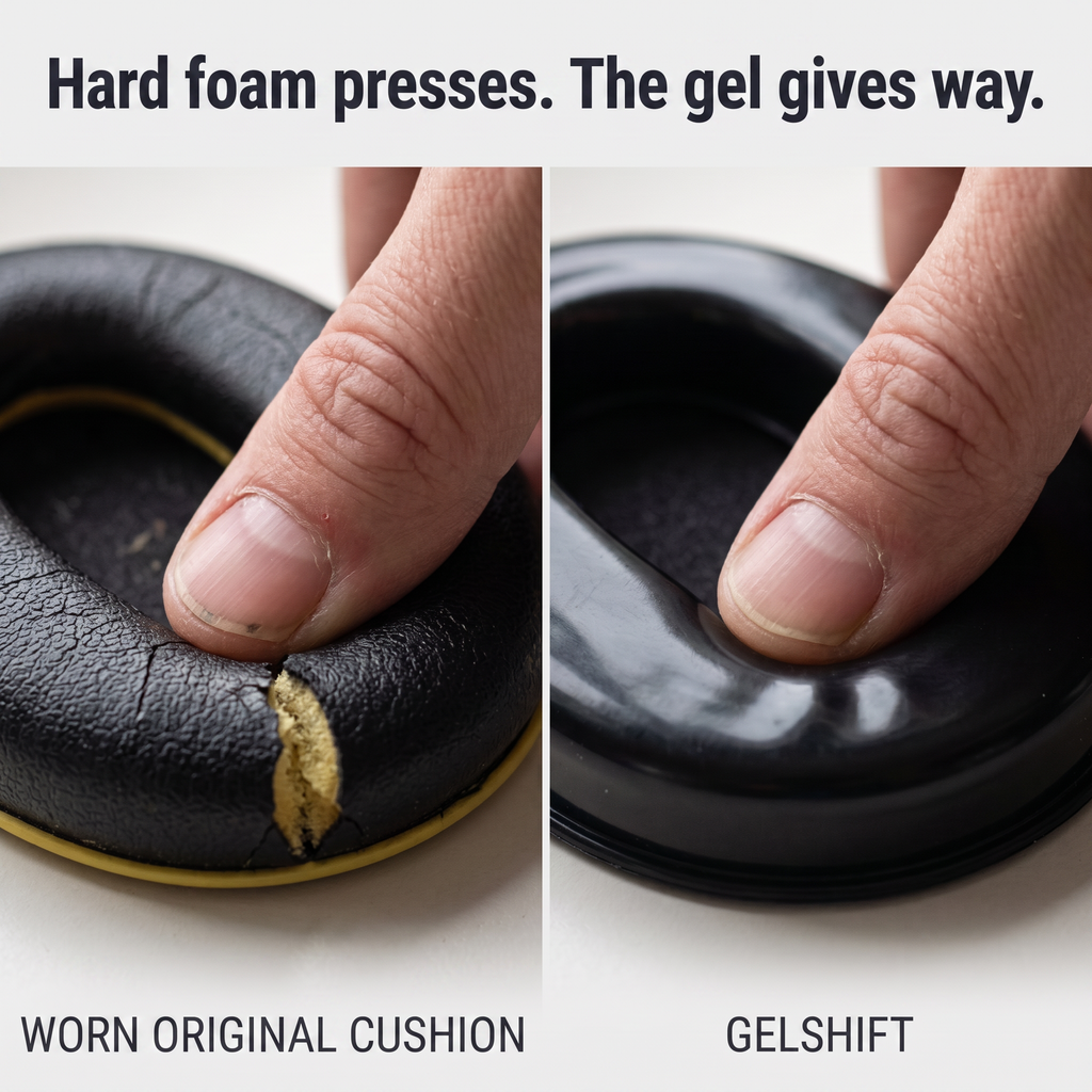 Hard foam presses, the gel gives way, worn cushion vs GelShift