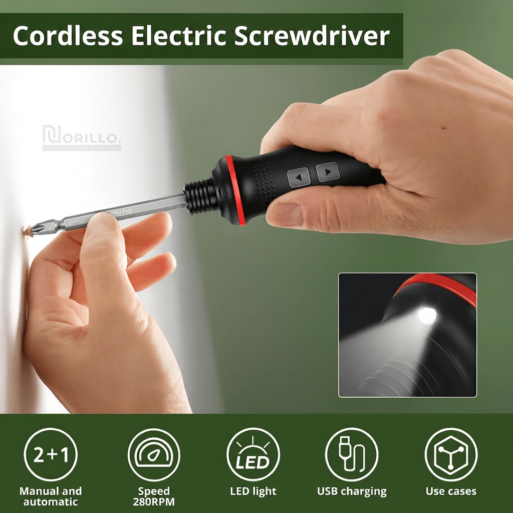Cordless electric screwdriver: manual and automatic, 280RPM, LED light, USB charging