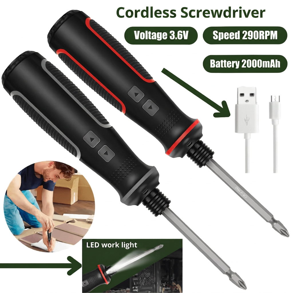 Cordless screwdriver: 3.6V voltage, 290RPM speed, 2000mAh battery, LED work light