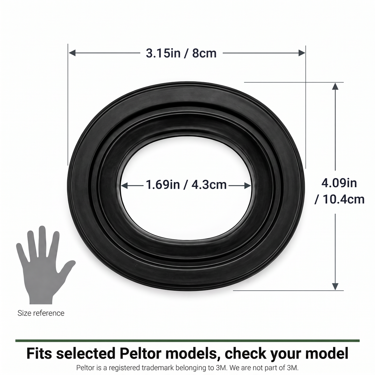 Gel cushion size reference dimensions fits selected Peltor models