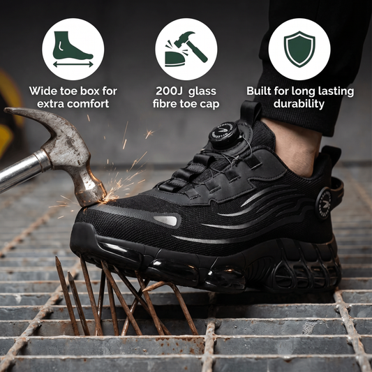 ArmorFlex safety shoe features: wide toe box, 200J toe cap, durability